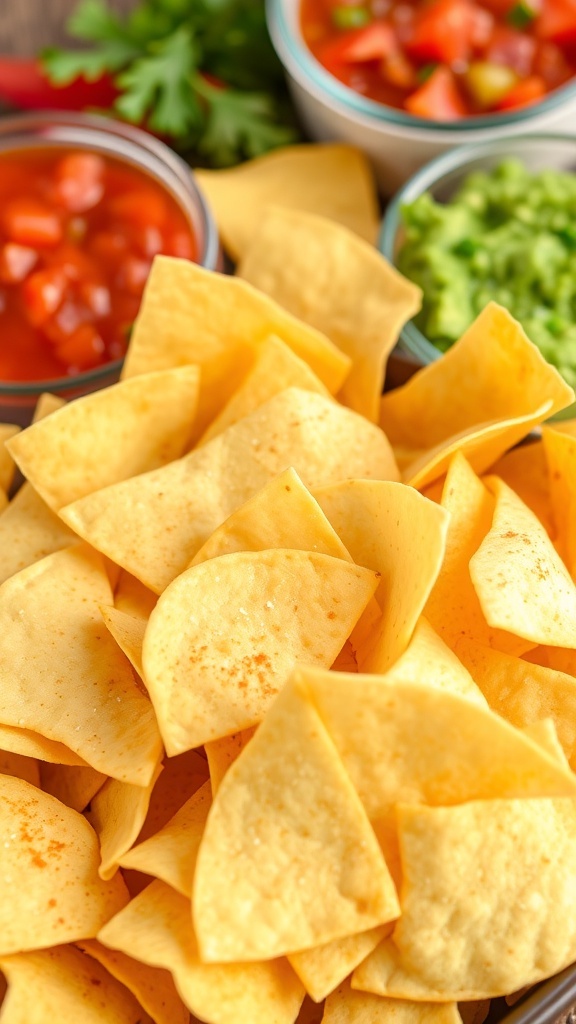 A bowl of crispy tortilla chips with salsa and guacamole on a wooden table.